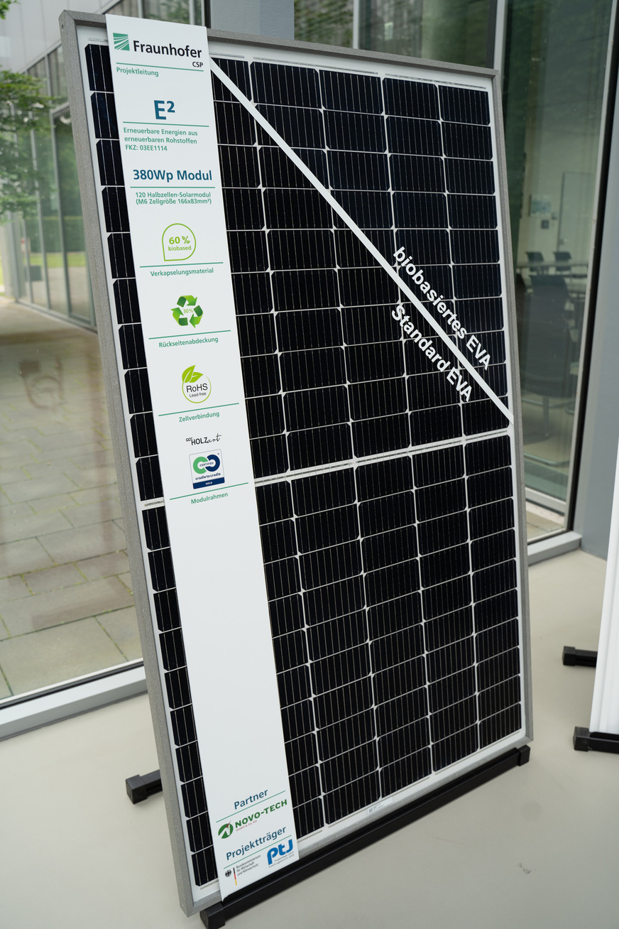 380-Watt-Solarmodul aus regenerativen Materialien: Es entstand als „Bio-Modul-Prototyp“ innerhalb des Projekts „E2 – E-Quadrat. Erneuerbare Energien aus Erneuerbaren Rohstoffen“.