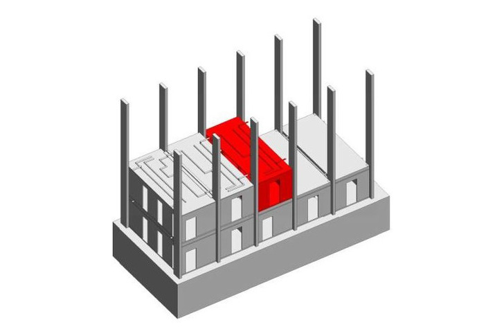 Die „Eco-Boxen“, vorgefertigte und technisch bereits weitgehend ausgestattete Raummodule aus Holz, werden wie Schubladen in ein Rahmensystem aus Stahlbeton eingeschoben. - © Züblin