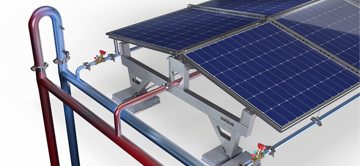 Das PVT-Modul Multi-NRG Panel Typ 144 CF nutzt laut Hersteller 16 % der Sonneneinstrahlung zur Erzeugung elektrischer Energie und zusätzlich 65 % zur Erzeugung thermischer Energie. - © Bild: Soblue