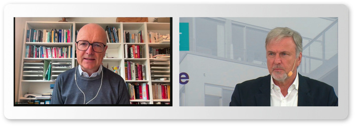 © Bild: Gentner Verlag ARD-Meteorologe Karsten Schwanke (links) klärt gleich zu Beginn auf: Der Klimawandel macht keine Pause, er legt an Tempo noch zu. Nicht nur Moderator Martin Prösler hörte gespannt zu.