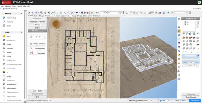 © Hottgenroth Wem das Zeichnen von Gebäudemodellen auf Basis von Grundrissen zu zeitaufwändig ist, kann die Aufgabe auch von einer Software erledigen lassen. Hottgenroth bietet dafür eine entsprechende Funktion in seinem CAD-Programm an. Der Name Hott-KI lässt erahnen, dass künstliche Intelligenz dabei eine entscheidende Rolle spielt.