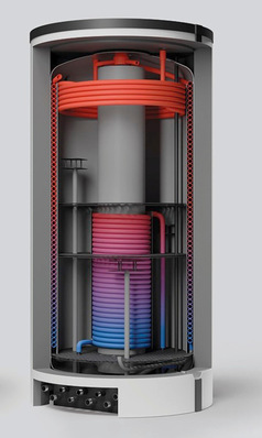 Schnittansicht eines Warmwasserspeichers mit internen Heizspiralen und Rohren mit blauen und roten Hervorhebungen. - © Bild: Link3
