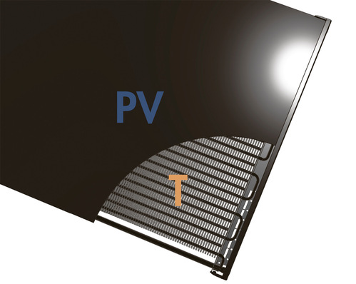 © Bild: Consolar 1 Der PVT-Luft-Sole-Kollektor SOLINK mit großer Wärmeübertragerfläche auf der Rückseite eignet sich durch die kombinierte Nutzung von Solarstrahlung und Luft als alleinige lautlose Wärmequelle einer Wärmepumpe.