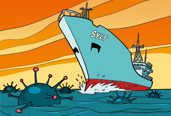 Ein Schiff mit der Aufschrift "SYLT" segelt durch Ozeane voller virusförmiger Hindernisse; Pop-Art-Stil. - © Bild: AdobeStock / rogistok