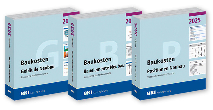 Drei BKI-Bücher über Baukosten für neue Gebäude, Bauelemente und Positionen, gekennzeichnet mit 2025. - © Bild: BKI