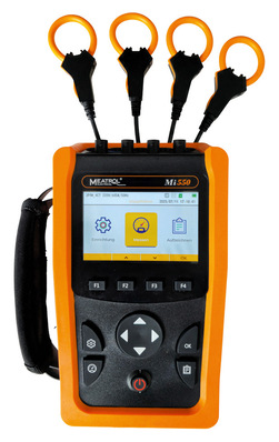 Orangefarbenes elektronisches Messgerät MEATROL Mi550 mit vier angebrachten Messzangen und einem Bildschirm. - © Bild: Amp X