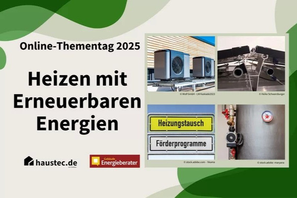Flyer für "Heizen mit Erneuerbaren Energien" mit Abbildungen von Wärmepumpen und Heizungssteuerungen. - © haustec ACADEMY