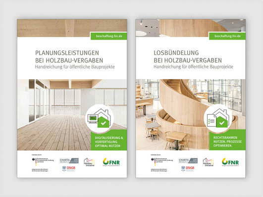 Zwei deutsche Broschüren zum Thema Holzbau, die moderne Holzbauten und grüne Highlights vorstellen. - © Bild: FNR